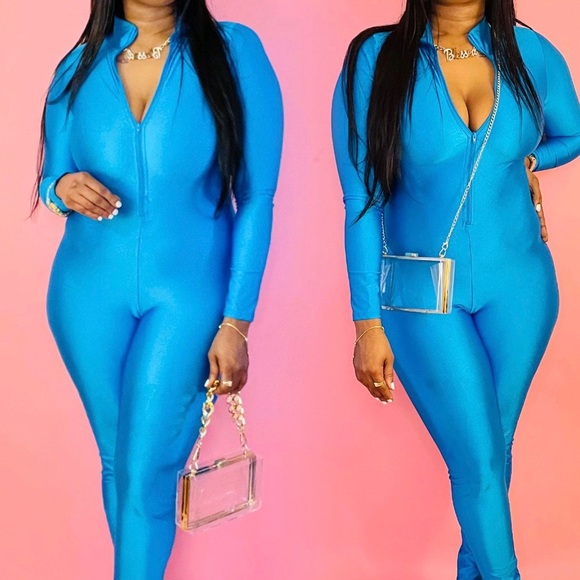 J. ELISE BOUTIQUE NEW TRENDY SHINY TURQUOISE FRONT ZIPPER CATSUIT JUMPSUIT - Picture 3 of 5